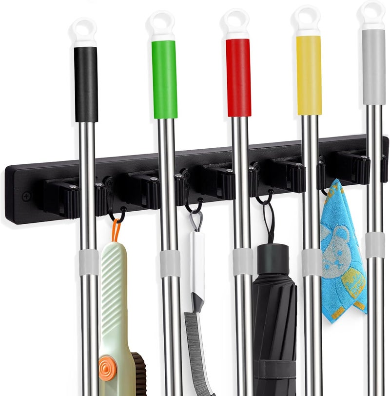 FunCee Broom Holder Wall Mount With 5 Slots & 4 Hooks，Rustic Wood Broom & Mop Hanger，Wall Mounted Garden & Garage Tool Storage Organizer Rack for Closet Laundry Room or Kitchen Wall Decor Black - Image 1